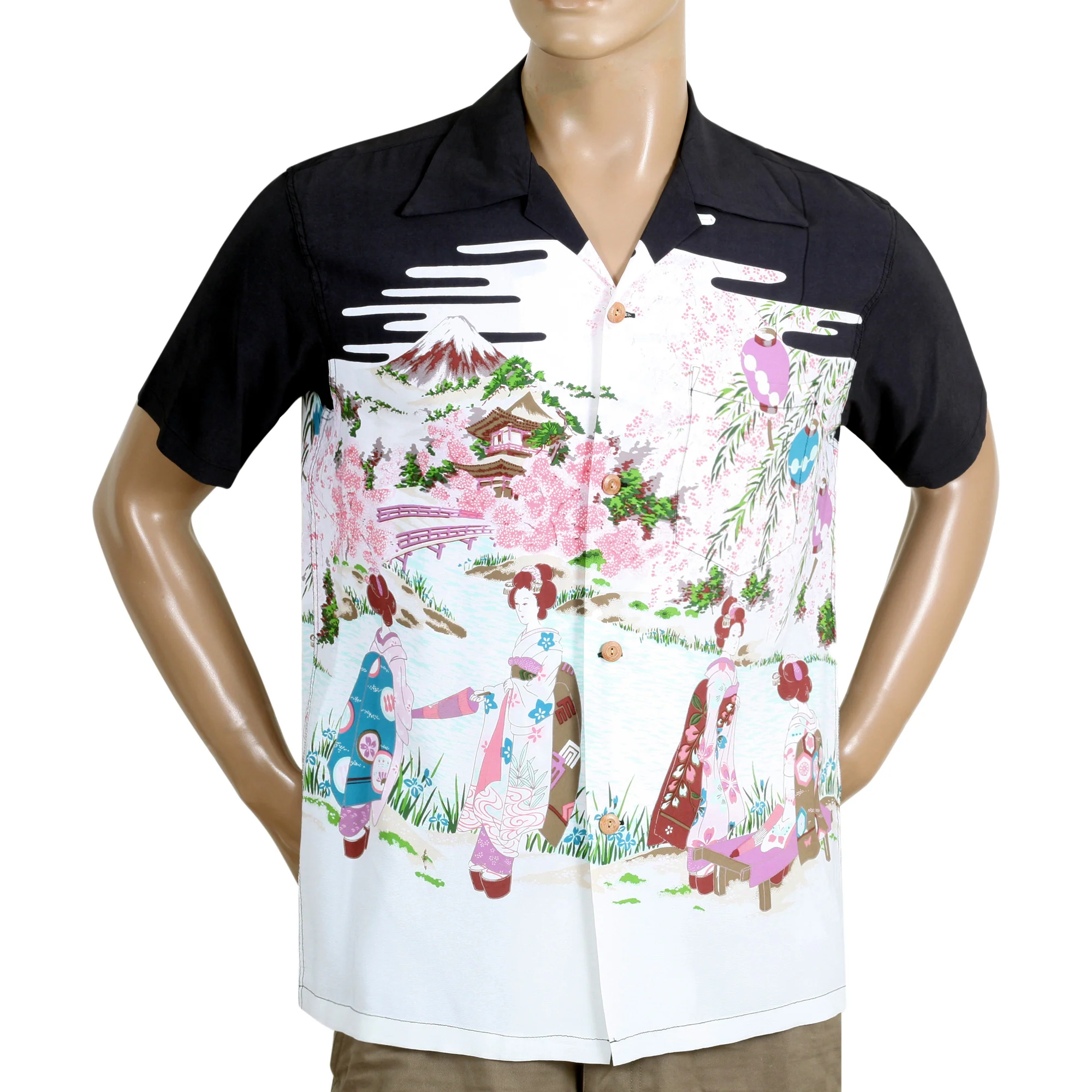 Black SS38030 Old Japanese Scenery Printed Hawaiian Shirt SURF10086 - Image 8