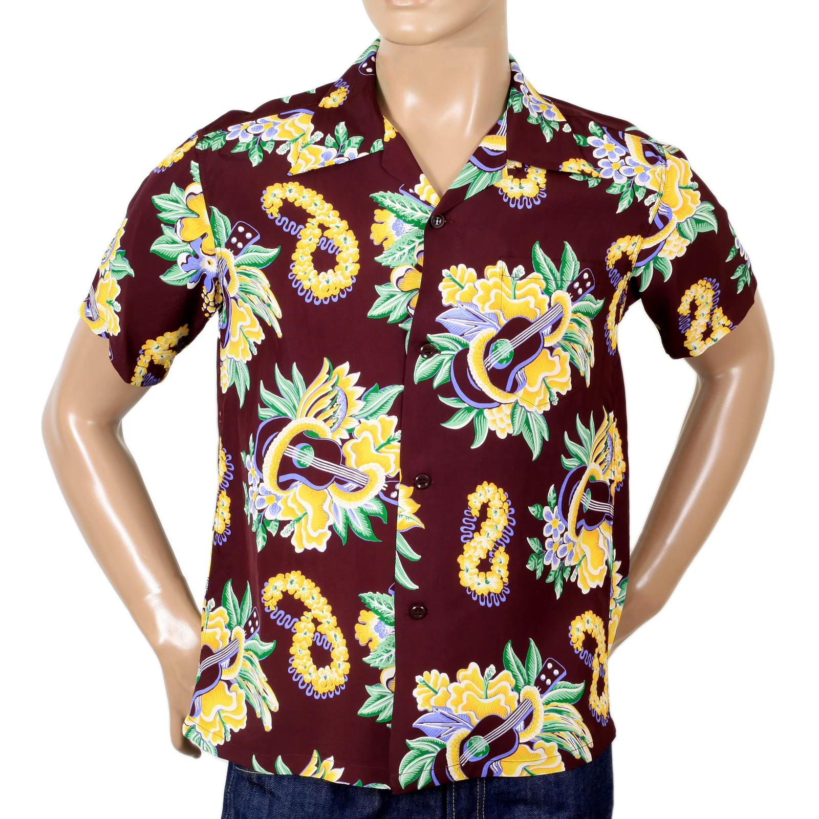 Sun Surf Hawaiian Macintosh Ukulele Printed Wine Regular Fit Short Sleeved Shirt for Men SURF7533 - Image 4