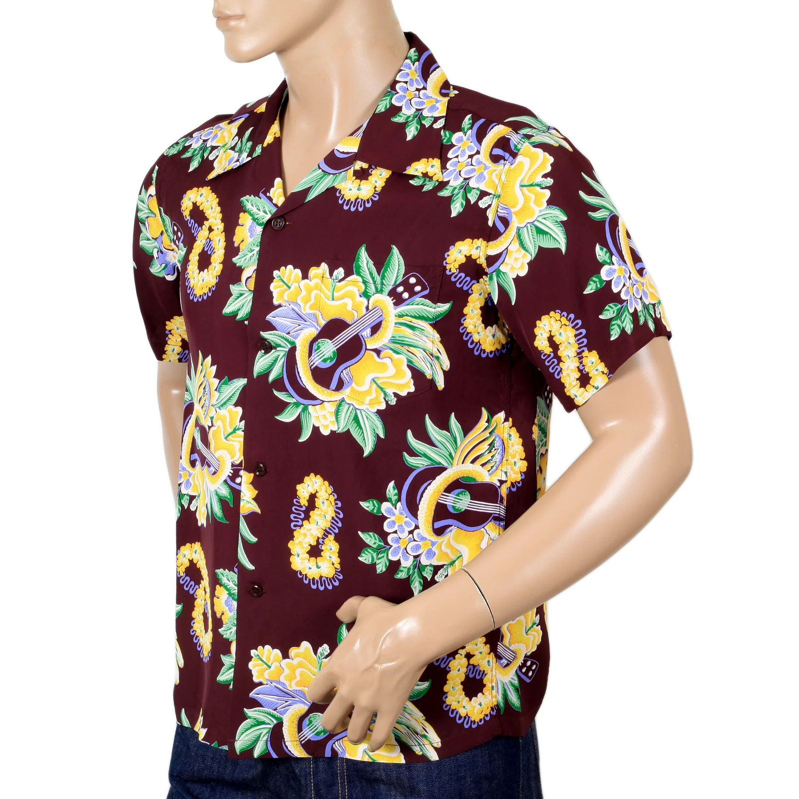 Sun Surf Hawaiian Macintosh Ukulele Printed Wine Regular Fit Short Sleeved Shirt for Men SURF7533 - Image 8