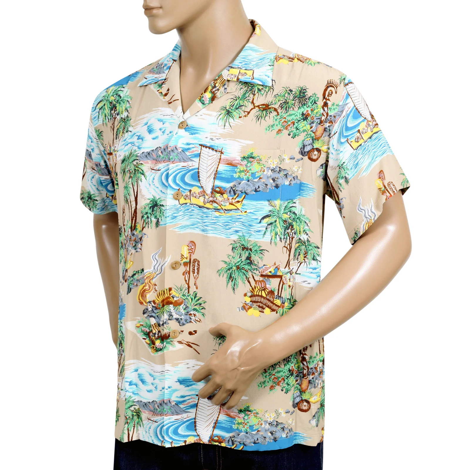 Island Chronicle Printed SS37781 Rayon Beige Hawaiian Shirt SURF8591 - Image 3
